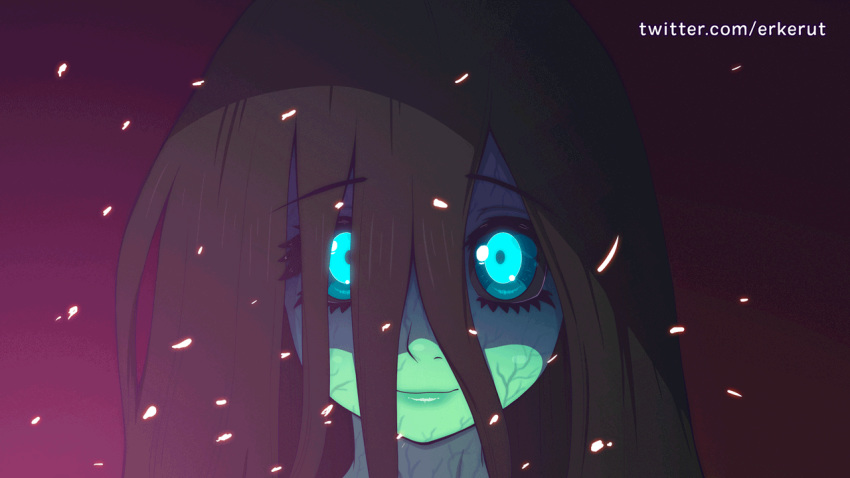 black_hair blue_eyes close-up colored_skin dark_background erkerut ghost glowing glowing_eyes green_skin light_smile lips long_hair sparks veins