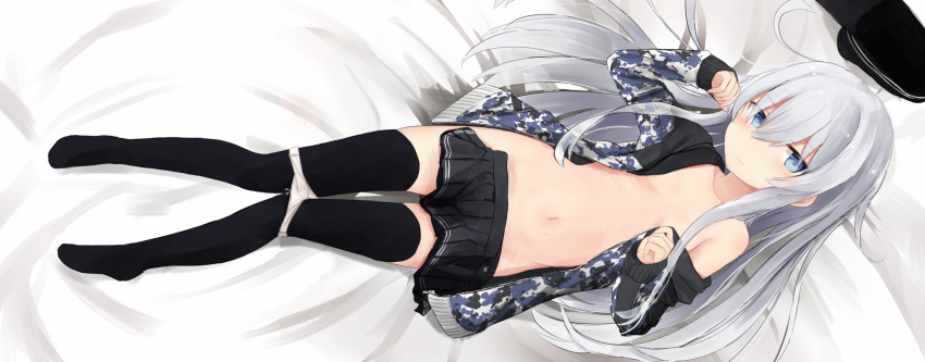 black_hat black_skirt black_thighhighs blue_eyes camouflage camouflage_jacket collarbone female flat_cap hair_between_eyes hat hibiki_(kancolle) highres jacket kantai_collection long_hair long_sleeves looking_at_viewer lying navel on_back panties panty_pull pleated_skirt skirt solo thighhighs underwear unworn_hat unworn_headwear verniy_(kancolle) verniy_(saury_festival)_(kancolle) white_hair white_panties yuki_(yukin0128)