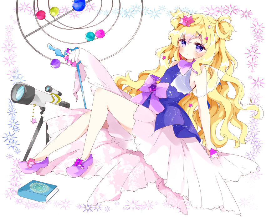 bad_id bad_pixiv_id blonde_hair blue_shirt blush book bow capricorn_(constellation) closed_mouth commentary constellation constellation_print female full_body gradient_hair hair_between_eyes heart highres holding holding_star leo_(constellation) long_hair looking_at_viewer multicolored_hair orbital_path original orrery pisces_(constellation) purple_bow purple_eyes purple_footwear purple_hair reclining see-through shirt shoes skirt sleeveless sleeveless_shirt solo star_(symbol) symbol-only_commentary telescope tsukiyo_(skymint) two_side_up very_long_hair white_background white_skirt