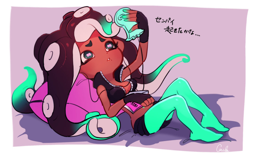 aqua_hair aqua_pantyhose aqua_skin black_gloves black_shorts blue_eyes breasts brown_hair cellphone colored_skin commentary_request coula_cat crop_top dark-skinned_female dark_skin female fingerless_gloves furrowed_brow gloves gradient_hair holding holding_phone horizontal_pupils marina_(splatoon) medium_breasts mole mole_under_mouth multicolored_hair multicolored_skin navel_piercing no_shoes octoling pantyhose pantyhose_under_shorts parted_lips phone photoshop_(medium) piercing pillow pink_pupils shorts smartphone solo splatoon_(series) splatoon_2 suction_cups tentacle_hair translated two-tone_hair two-tone_skin unzipped zipper