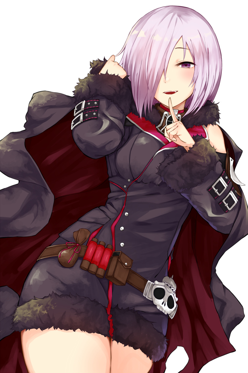 bare_shoulders breasts cape choker commentary_request female fur_trim grin hair_over_one_eye highres hood hoodie large_breasts long_sleeves looking_at_viewer purple_eyes purple_hair shadowverse shingeki_no_bahamut short_hair smile solo thighhighs wizardess_of_oz yamato_(muchuu_paradigm)