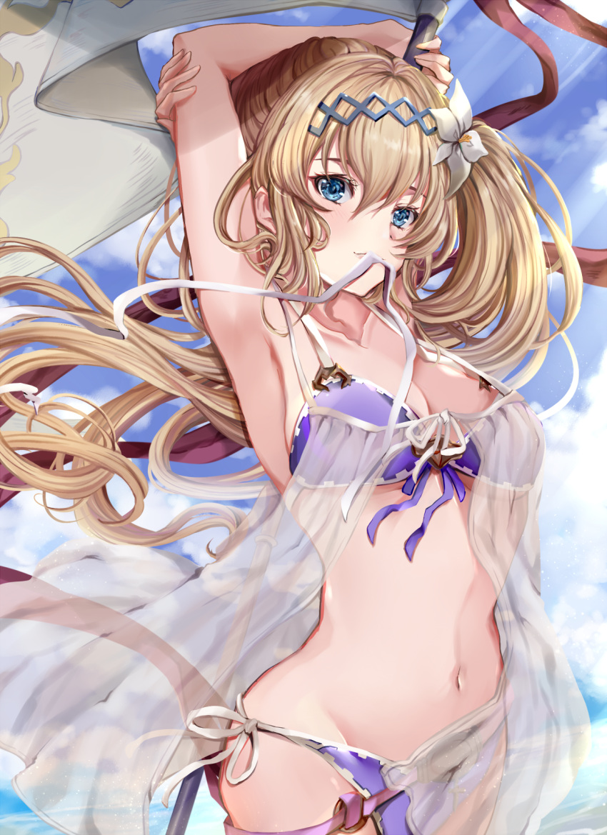 armpits arms_up bad_id bad_pixiv_id bare_shoulders bikini blonde_hair blue_eyes blue_sky blush breasts cleavage collarbone commentary_request cowboy_shot female floating_hair flower granblue_fantasy hair_between_eyes hair_flower hair_ornament hairband highres hinakisara jeanne_d'arc_(granblue_fantasy) jeanne_d'arc_(summer)_(granblue_fantasy) large_breasts long_hair looking_at_viewer medium_breasts navel official_alternate_costume outdoors purple_bikini see-through sidelocks sky smile solo swimsuit very_long_hair wind