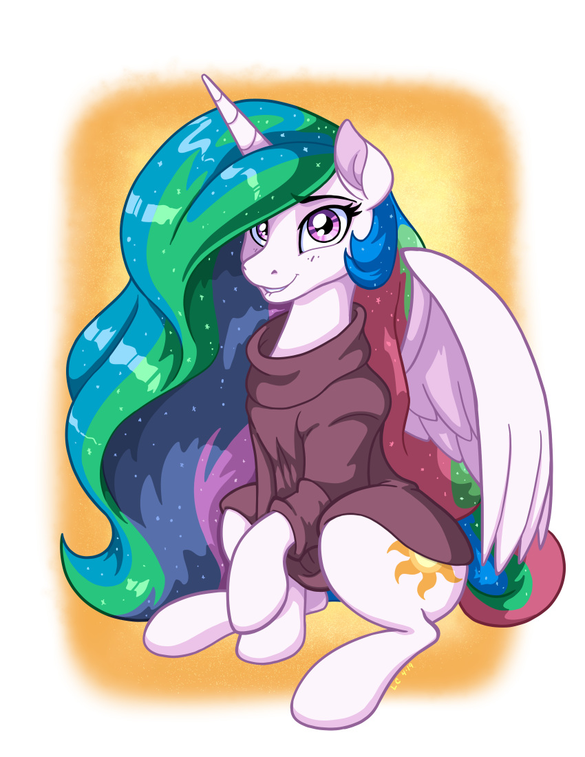 absurd_res alicorn clothing equid equine female feral friendship_is_magic hasbro hi_res horn latecustomer mammal my_little_pony mythological_creature mythological_equine mythology princess_celestia_(mlp) purple_eyes sitting solo sparkles sweater topwear wings