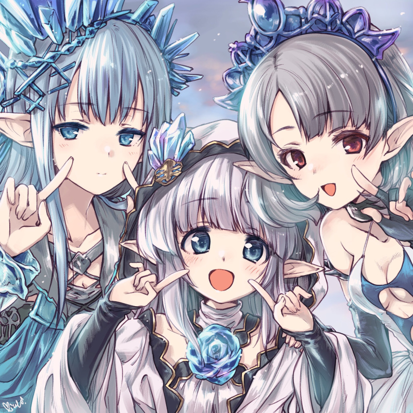 3girls blue_eyes blue_hair blush breasts collarbone commentary_request erin_(granblue_fantasy) granblue_fantasy grey_hair hair_ornament highres hood hooded_jacket jacket kuroi_mimei lily_(granblue_fantasy) long_hair looking_at_viewer multiple_girls open_mouth pointing pointing_at_self pointy_ears portrait red_eyes short_hair small_breasts tia_(granblue_fantasy) tiara