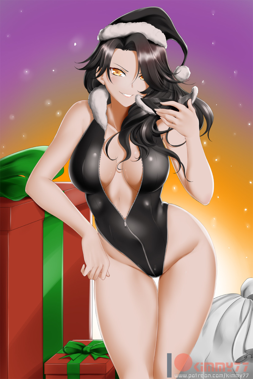 alfred_cullado black_headwear box breasts cinder_fall cleavage female fur-trimmed_hat fur-trimmed_leotard fur_trim gift gift_bag gift_box grin hat highleg highleg_leotard highres holding holding_mask large_breasts leotard looking_at_viewer mask partially_unzipped patreon_logo rwby santa_hat shiny shiny_clothes shiny_hair smile solo thigh_gap watermark yellow_eyes