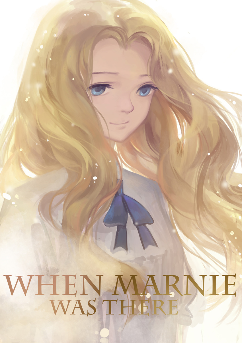 bad_id bad_pixiv_id blonde_hair blue_eyes closed_mouth commentary_request dress female han_yijie highres long_hair marnie_(omoide_no_marnie) omoide_no_marnie photoshop_(medium) simple_background smile solo studio_ghibli white_background white_dress