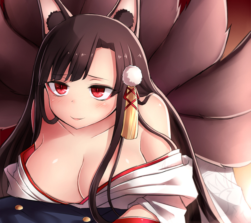 akagi_(azur_lane) akagi_(deep_crimson_poppy)_(azur_lane) animal_ears azur_lane breasts brown_hair cleavage commentary_request female hair_ornament japanese_clothes kimono large_breasts leaning_forward long_hair multiple_tails neit_ni_sei off_shoulder official_alternate_costume open_clothes open_kimono parted_lips red_eyes smile solo tail white_kimono wolf_ears wolf_tail