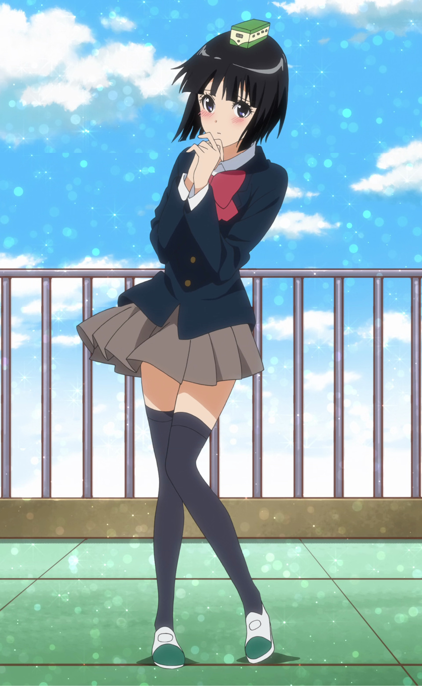 +tic_nee-san absurdres anime_screenshot bars black_hair black_thighhighs blue_eyes blush bow bus buttons cloud day eyelashes female full_body highres knees_together_feet_apart motor_vehicle okamoto_hazuki own_hands_clasped own_hands_together railing school_uniform shoes short_hair skirt sky solo sparkle sparkling_eyes stitched thighhighs third-party_edit uwabaki wind zettai_ryouiki