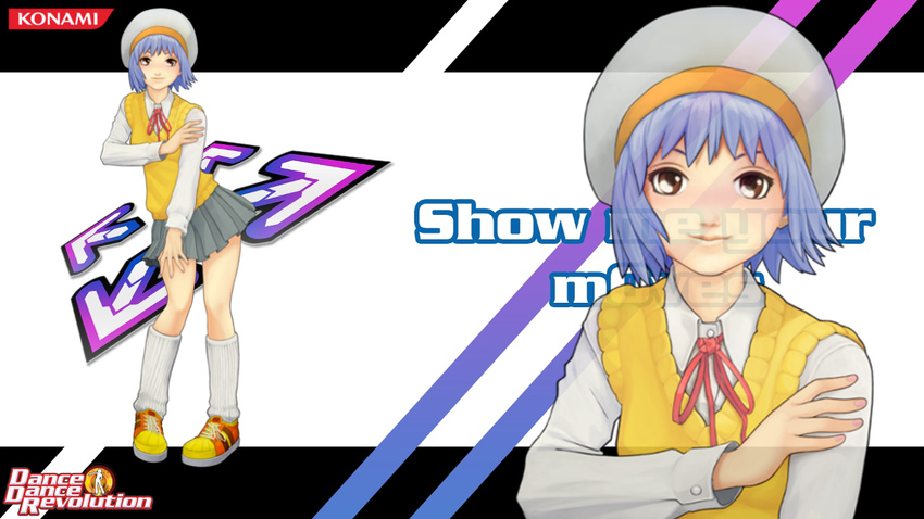 blue blue_hair dance_dance_revolution dancing hat lowres purple_hair short_hair skirt toshiba_emi