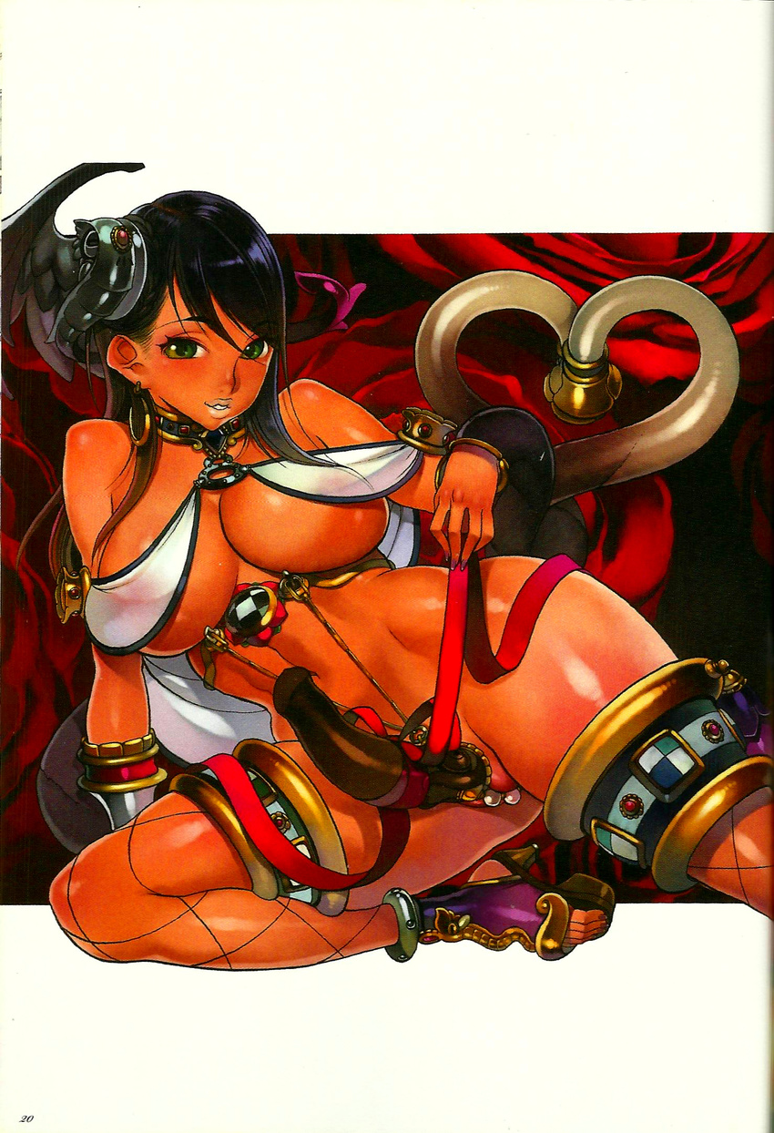 abs arm_support bare_shoulders black_hair breasts cleavage dark-skinned_female dark_skin earrings f.s. female fishnet_thighhighs fishnets green_eyes highres huge_breasts jewelry long_hair luna_luna_(queen's_blade) midriff multicolored_hair navel official_art pearl_thong queen's_blade queen's_blade_rebellion revealing_clothes sandals shoes smile solo thighhighs