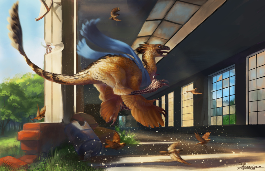 2016 achillobator action_pose avian beak bird digital_media_(artwork) digital_painting_(artwork) dinosaur dromaeosaurid extinct feathered_dinosaur feathered_scalie feathered_wings feathers feet feral group hi_res jumping mostly_nude pinguinolog pose prehistoric_species reptile scalie scarf sharp_teeth solo_focus tach talons teeth theropod toes velociraptor wings