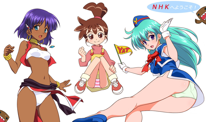 3girls aqua_eyes bandeau blush bob_cut bracelet breasts broadcaster_connection brown_hair covered_nipples dark-skinned_female dark_skin domo-kun earrings fushigi_no_umi_no_nadia hair_ornament hairclip haruno_kasumi hat hoop_earrings itoji jewelry kasumin light_smile long_hair midriff multiple_girls nadia_la_arwall navel neck_ring necklace nhk_(broadcaster) nhk_ni_youkoso! open_mouth panties pantyshot pelvic_curtain pennant ponytail purple_eyes purple_hair short_hair simple_background sitting small_breasts smile strapless striped_clothes striped_panties tenjouin_katsura topknot translated tube_top underwear uniform vest white_background wind wind_lift yat_anshin_uchuu_ryokou