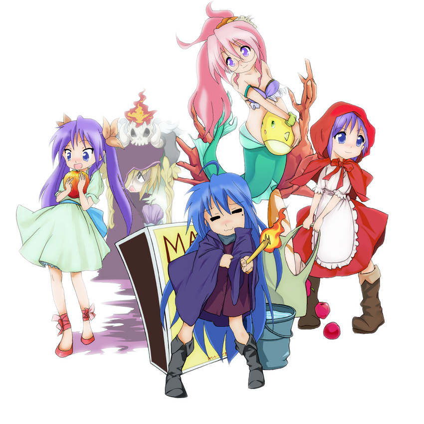 5girls :3 =_= ahoge apple apron armlet bad_anatomy bag bikini bikini_top_only boots bread bucket commentary_request coral cosplay dress fire fish food fruit grimm's_fairy_tales highres hiiragi_kagami hiiragi_tsukasa hood hotaru_(4811) izumi_konata kneeless_mermaid kuroi_nanako little_match_girl little_red_riding_hood little_red_riding_hood_(grimm) lucky_star matchbox mermaid mole mole_under_eye monster_girl multiple_girls original oversized_object photoshop_(medium) pigeon-toed skull snow_white snow_white_(grimm) swimsuit takara_miyuki the_little_mermaid the_little_mermaid_(andersen) torch