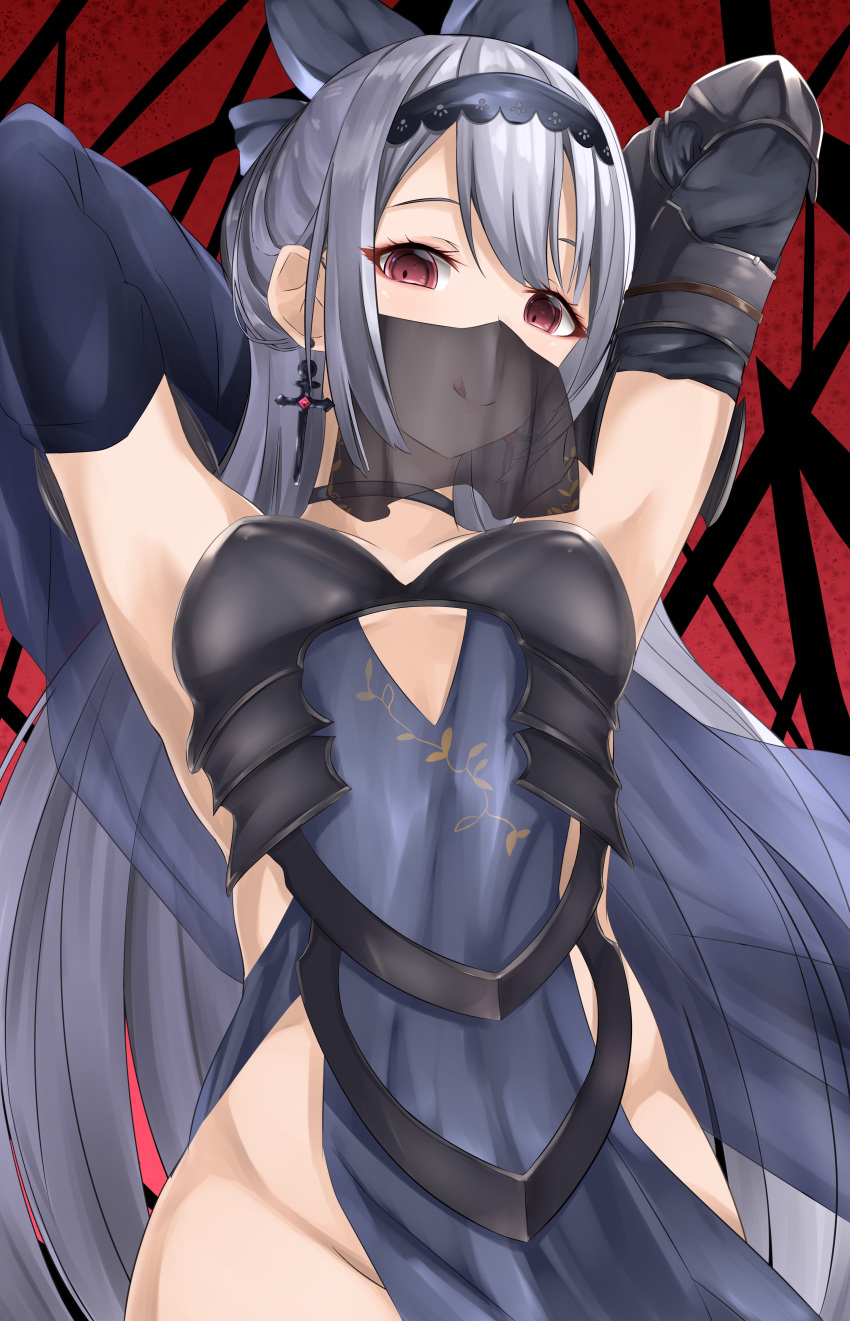 :q absurdres alternate_hairstyle armor armpits arms_behind_head black_bow bow breasts choker commentary_request cowboy_shot cross cross_earrings dress earrings elbow_gloves female gauntlets girls'_frontline gloves grey_hair groin hair_between_eyes hairband hairbow highres jewelry licking_lips long_hair looking_at_viewer medium_breasts mouth_veil no_panties official_alternate_costume pelvic_curtain purple_dress purple_gloves red_eyes revealing_clothes scarf scarf_over_mouth see-through sidelocks single_gauntlet solo takechii tokarev_(girls'_frontline) tokarev_(griffin's_dancer)_(girls'_frontline) tongue tongue_out veil very_long_hair