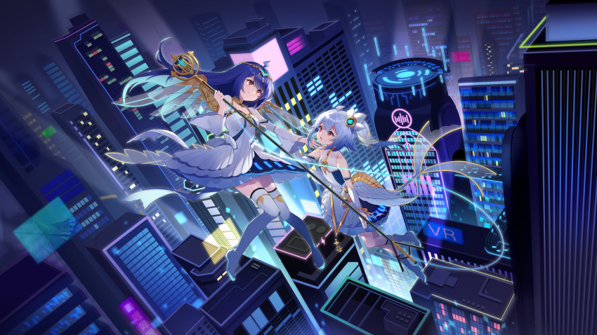 2girls bili_girl_22 bili_girl_33 bilibili blue_hair blush boots building city closed_mouth commentary_request detached_sleeves floating highres long_hair long_sleeves looking_at_another multiple_girls night official_art outdoors parted_lips red_eyes sharlorc short_hair skirt skyscraper smile thigh_boots thighhighs white_footwear white_skirt