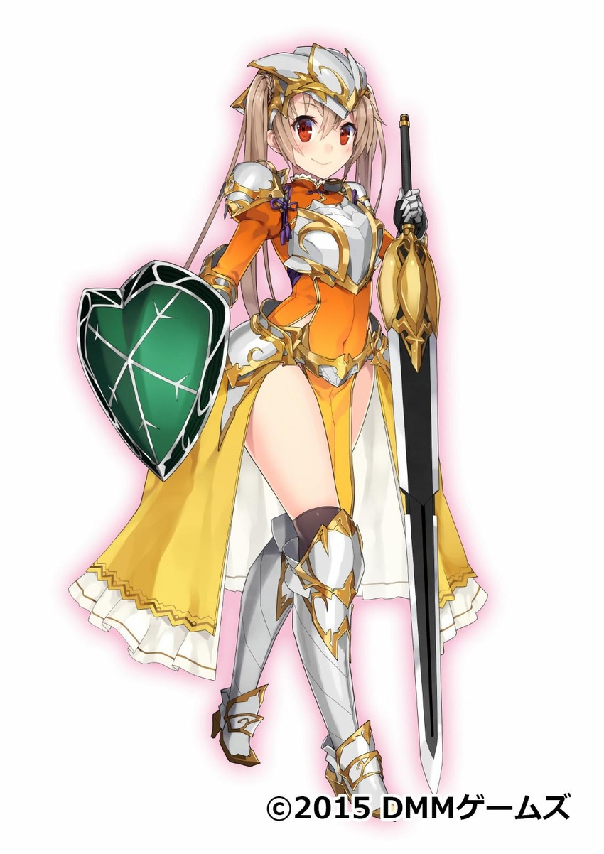 armor breastplate brown_hair copyright_name covered_navel faulds female flower_knight_girl full_body gauntlets greaves highres kinrenka_(flower_knight_girl) kuro_chairo_no_neko looking_at_viewer official_art pauldrons pelvic_curtain red_eyes shield shoulder_armor simple_background solo standing sword twintails waist_cape watermark weapon white_background