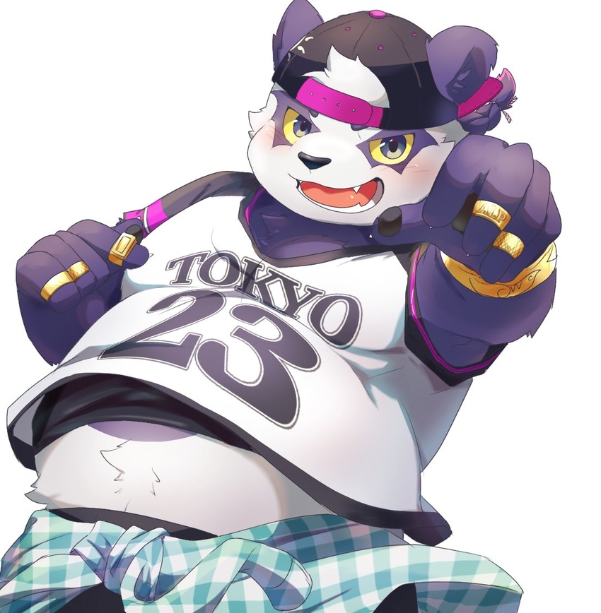 2019 alp_(tas) ama_imakuma anthro bear belly black_nose blush clothing fur giant_panda hat headgear headwear humanoid_hands lifewonders male mammal purple_body purple_fur queue_(hairstyle) shirt simple_background slightly_chubby solo teeth tokyo_afterschool_summoners tongue topwear white_background