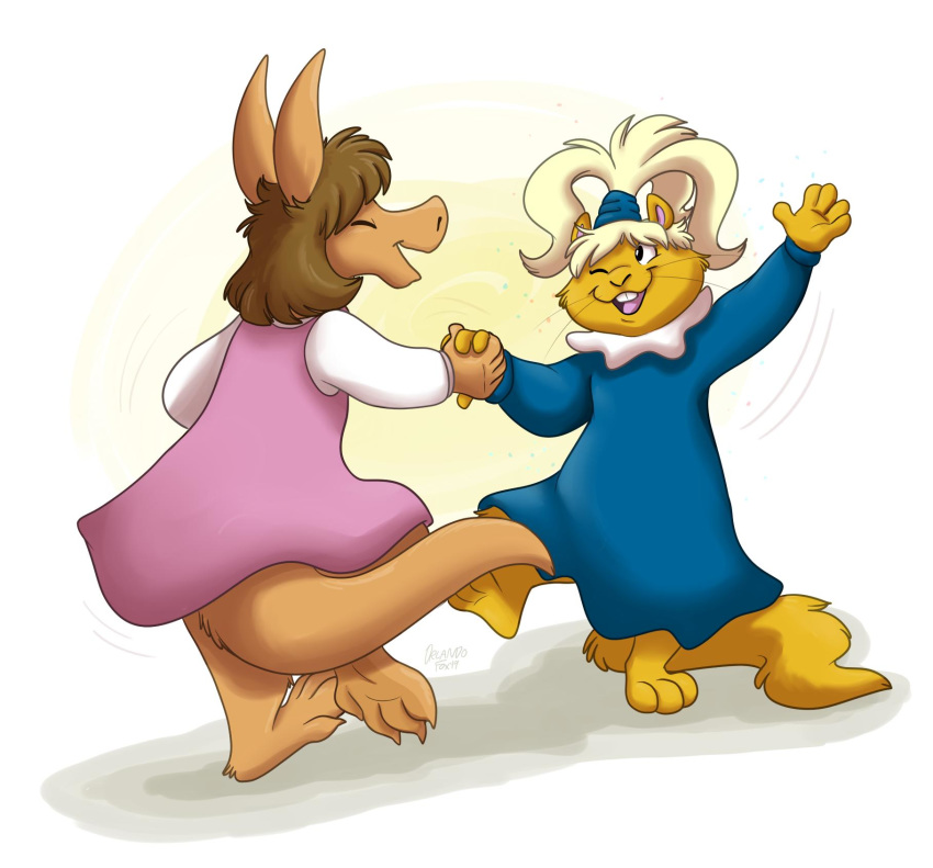 2019 aardvark anthro arthur_(series) blonde_hair brown_hair closed_eyes clothed clothing d.w._read dress female fully_clothed group hair hand_holding hi_res imaginary_friend long_tail mammal nadine_flumberghast no_irises one_eye_closed orlandofox rodent sciurid signature simple_background smile tail young