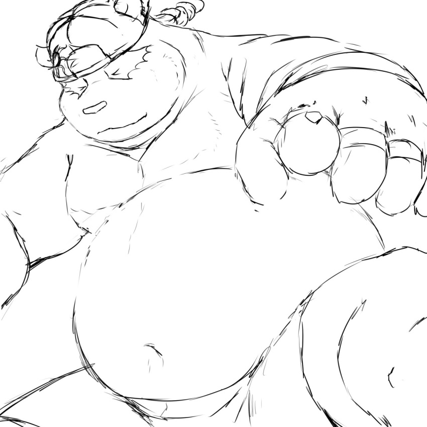 1:1 2019 alp_(tas) anthro bear belly bottomwear closed_eyes clothing giant_panda hat headgear headwear hi_res humanoid_hands laohu lifewonders male mammal monochrome moobs navel overweight overweight_anthro overweight_male shorts simple_background solo tokyo_afterschool_summoners white_background