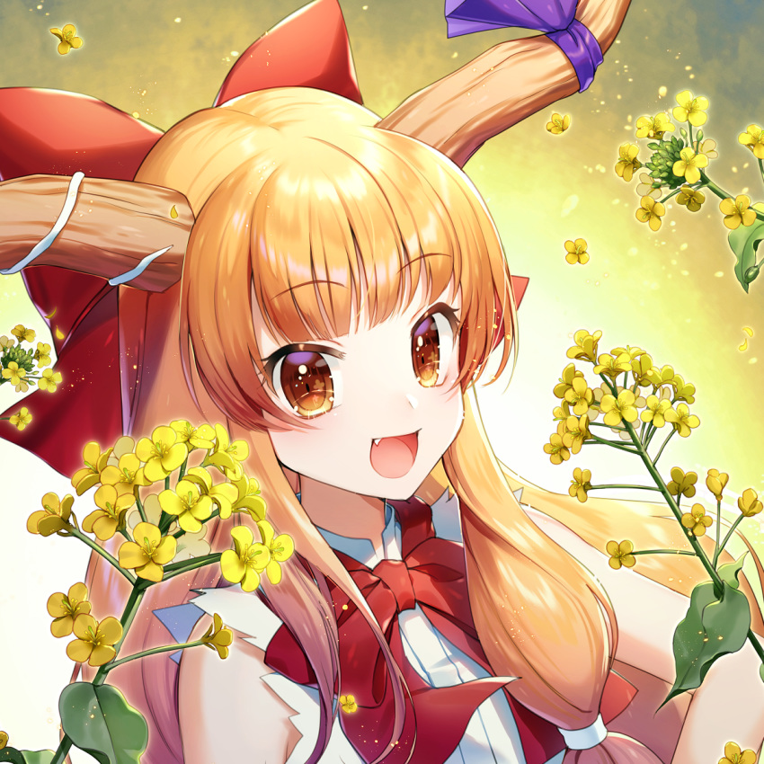 :d bare_shoulders blonde_hair bow bowtie commentary_request female flower gradient_background hairbow highres horn_ornament horn_ribbon horns ibuki_suika leaf long_hair looking_at_viewer momoshiki_tsubaki oerba_yun_fang oni oni_horns open_mouth orange_eyes petals purple_ribbon rapeseed_blossoms red_bow red_bowtie ribbon shirt sidelocks sleeveless sleeveless_shirt smile solo the_other_flower touhou upper_body white_background white_shirt yellow_background yellow_flower