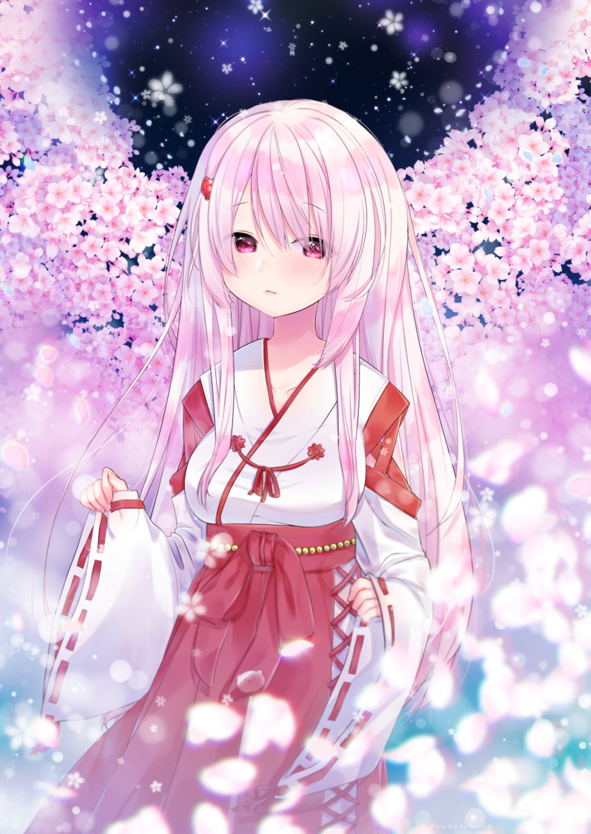 bad_id bad_pixiv_id blurry blurry_background blurry_foreground blush breasts cherry_blossoms closed_mouth collarbone commentary_request depth_of_field female fingernails flower hair_between_eyes hair_ornament hakama hakama_skirt highres japanese_clothes kimono kuma_no_yume long_hair long_sleeves medium_breasts miko nijisanji outdoors petals pinching_sleeves pink_flower pink_hair purple_eyes red_hakama ribbon-trimmed_sleeves ribbon_trim shiina_yuika shiina_yuika_(3rd_costume) skirt sleeves_past_wrists solo sparkle twitter_username very_long_hair virtual_youtuber white_kimono wide_sleeves