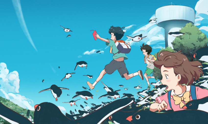 2boys aoyama-kun_(penguin_highway) backpack bag bird black_hair bleu_calire blue_sky bow brown_footwear brown_hair cloud commentary_request day female green_footwear hamamoto-san_(penguin_highway) lolicon multiple_boys outdoors penguin penguin_highway shirt shoes short_hair short_sleeves shorts sky socks t-shirt tree uchida-kun_(penguin_highway) yellow_bow