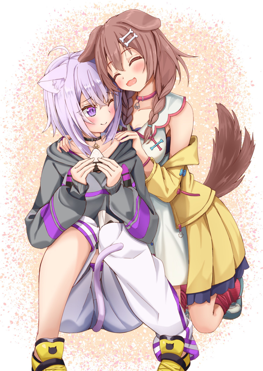 2girls absurdres animal_collar animal_ears blush bone_hair_ornament braid brown_hair cat_ears cat_tail closed_eyes collar collarbone commentary_request dog_ears dog_girl dog_tail food hair_ornament hairclip highres hololive hug inugami_korone inugami_korone_(1st_costume) jacket kneeling medium_hair multiple_girls nekomata_okayu nekomata_okayu_(1st_costume) nyoon one_eye_closed onigiri onigiri_print open_mouth purple_hair shoes short_hair shorts simple_background tail twin_braids virtual_youtuber