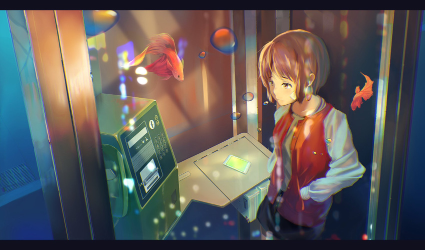 bad_id bad_pixiv_id bandage_on_face bandages brown_eyes brown_hair bubble cellphone commentary_request door earrings female fish goldfish grate highres hoop_earrings jacket jewelry kyarage_(soda) long_sleeves original phone sewer_grate short_hair solo standing