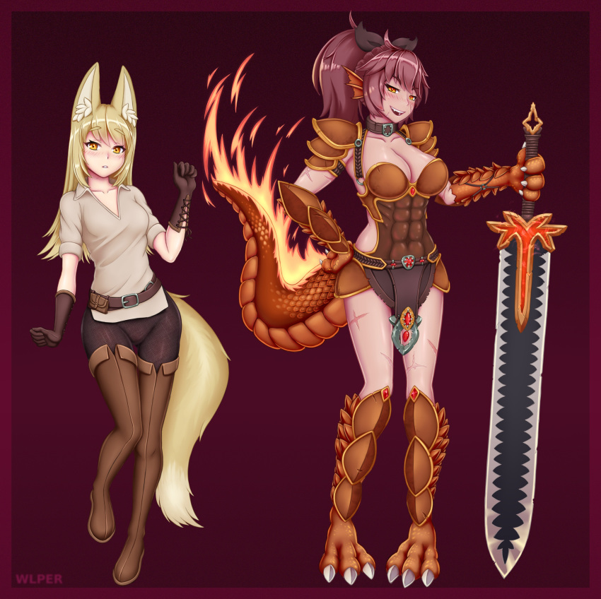 2girls abs absurdres animal_ears animal_hands armor artist_name belt blonde_hair blush breasts commentary commission dark-skinned_female dark_skin elbow_gloves fanny_pack fiery_tail fins fire fox_ears fox_girl fox_tail full_body gloves grin hair_ribbon hands_on_own_hips head_fins highres holding holding_sword holding_weapon inari_(monster_girl_encyclopedia) jewelry large_breasts lizard_tail long_hair medium_breasts monster_girl monster_girl_encyclopedia multiple_girls parted_lips ponytail reptile_girl ribbon salamander_(monster_girl_encyclopedia) scales scar scar_on_face shirt simple_background smile sword tail weapon wlper