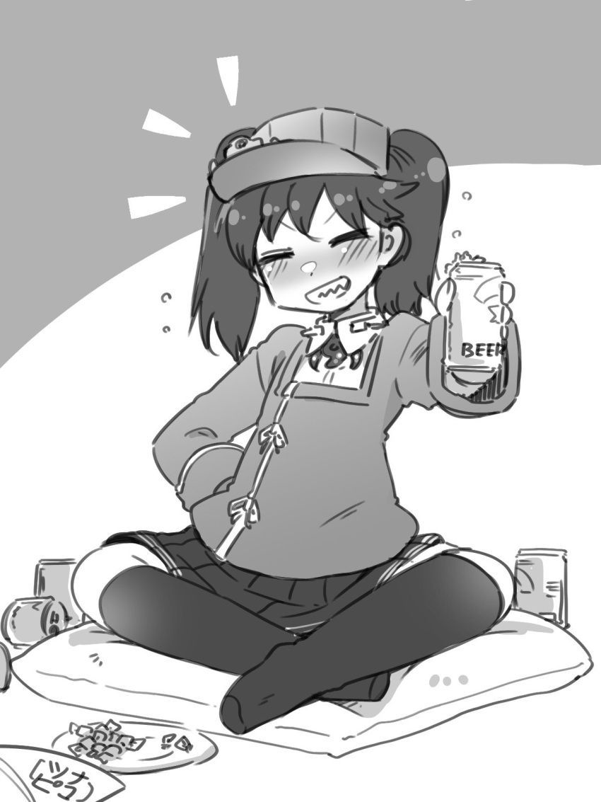 amagaeru_(hylathewet) beer_can can commentary_request drink_can drunk female greyscale grin highres holding holding_can indian_style japanese_clothes kantai_collection kariginu kneehighs magatama monochrome pillow pleated_skirt ryuujou_(kancolle) sitting skirt smile socks solo squeans twintails visor_cap