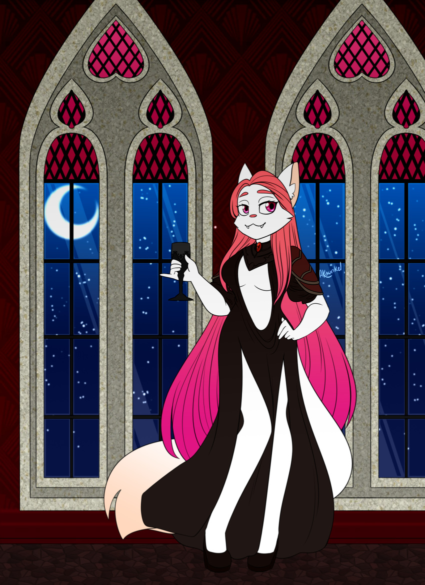 2018 akaunkel alternative_fashion anthro artemis_tsukino carmilla_(castlevania) castle castlevania clothing container cosplay cup digital_media_(artwork) domestic_cat dress fangs felid feline felis female footwear front_view fur goth hair halloween hi_res high_heels holidays konami long_hair long_tail mammal moon night pink_eyes pink_hair pink_nose solo standing star tail teeth vampire victorian_goth white_body white_fur window