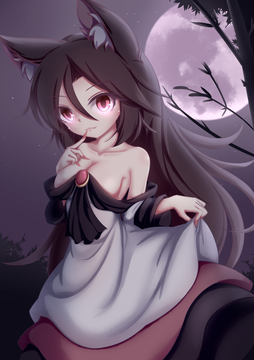 :3 absurdres animal_ears bad_id bad_pixiv_id breasts brooch brown_hair cleavage closed_mouth collarbone commentary dior-zi dress female finger_to_mouth fingernails full_moon glowing glowing_eyes highres imaizumi_kagerou jewelry long_fingernails long_hair long_sleeves looking_at_viewer moon nail_polish night night_sky oerba_yun_fang outdoors red_eyes red_nails sky solo tail touhou tree wide_sleeves wolf_ears