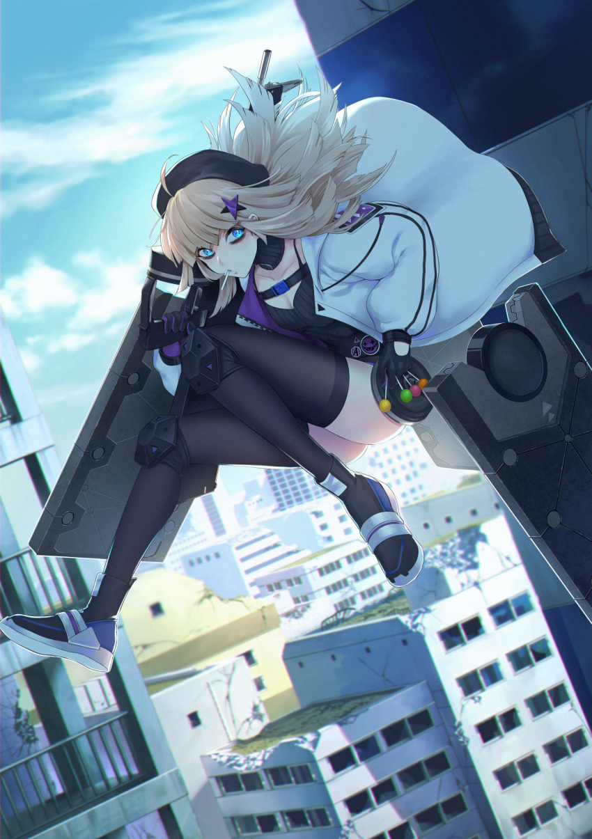 aa-12 aa-12_(girls'_frontline) ahoge bags_under_eyes black_hat black_thighhighs blue_eyes breasts buckle candy choker collar collarbone commentary_request day female floating_hair food girls'_frontline gloves gun hair_ornament hat highres holding holding_food holding_gun holding_weapon jumping knee_pads lollipop long_hair looking_at_viewer makkuro medium_breasts mouth_hold outdoors ribbed_shirt shield shield_module shirt shoes shorts shotgun sidelocks snap-fit_buckle solo star_(symbol) star_hair_ornament thighhighs weapon white_hair wind