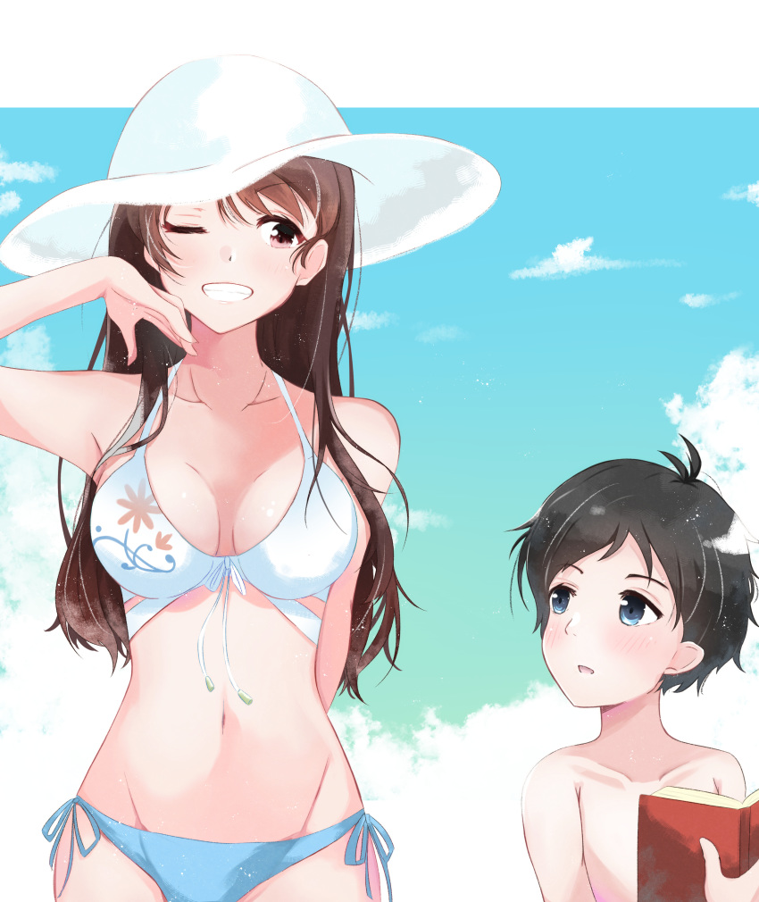 1boy absurdres aoyama-kun_(penguin_highway) bikini black_hair blue_eyes blue_sky blush book breasts brown_hair collarbone commentary_request day female grin hat highres lolicon long_hair looking_at_another medium_breasts navel one_eye_closed onee-san_(penguin_highway) outdoors penguin_highway side-tie_bikini_bottom sky smile standing sun_hat swimsuit takuro_(taku3949) topless_male very_long_hair white_headwear