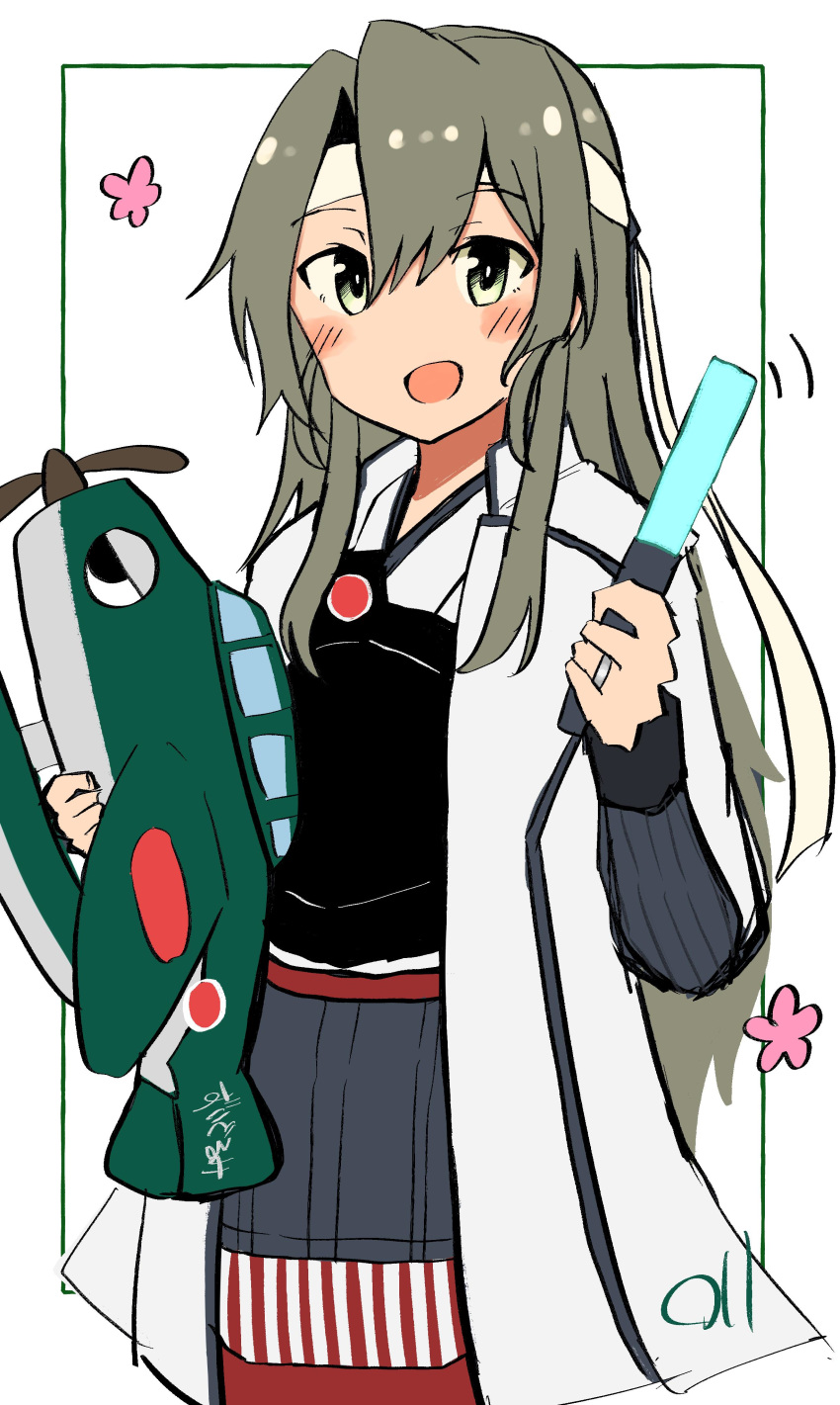 :d absurdres aircraft airplane armor blush breastplate commentary_request cowboy_shot female green_eyes green_hair hachimaki hair_between_eyes hair_down headband highres holding holding_stuffed_toy jinbaori kantai_collection long_hair looking_at_viewer ma_rukan official_alternate_costume open_mouth signature smile solo stuffed_airplane stuffed_toy white_headband zuikaku_(kancolle) zuikaku_kai_ni_(kancolle)