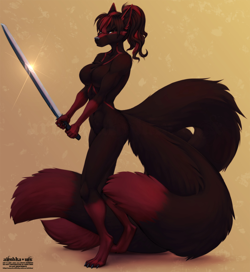 2019 alishka amber_eyes anthro avoid_posting biped breasts brown_body brown_fur canid canine claws digital_media_(artwork) digitigrade dipstick_tail dreamspinner featureless_breasts female fox fur hi_res holding_melee_weapon holding_object holding_sword holding_weapon mammal markings melee_weapon multi_tail multicolored_tail nocturne_(datban) nude red_body red_fur solo standing sword tail tail_markings toe_claws weapon