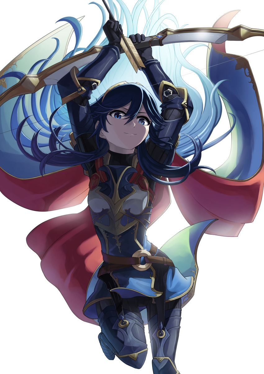 absurdres armor armored_boots arms_up arrow_(projectile) bad_id bad_pixiv_id belt black_gloves blue_eyes blue_hair bodysuit boots bow_(weapon) cape commentary_request cowboy_shot female fire_emblem fire_emblem_awakening fire_emblem_heroes floating_hair gauntlets gloves hair_between_eyes highres long_hair looking_at_viewer lucina_(fire_emblem) lucina_(glorious_archer)_(fire_emblem) ribbed_bodysuit simple_background solo sumire_l.a. tiara turtleneck weapon white_background