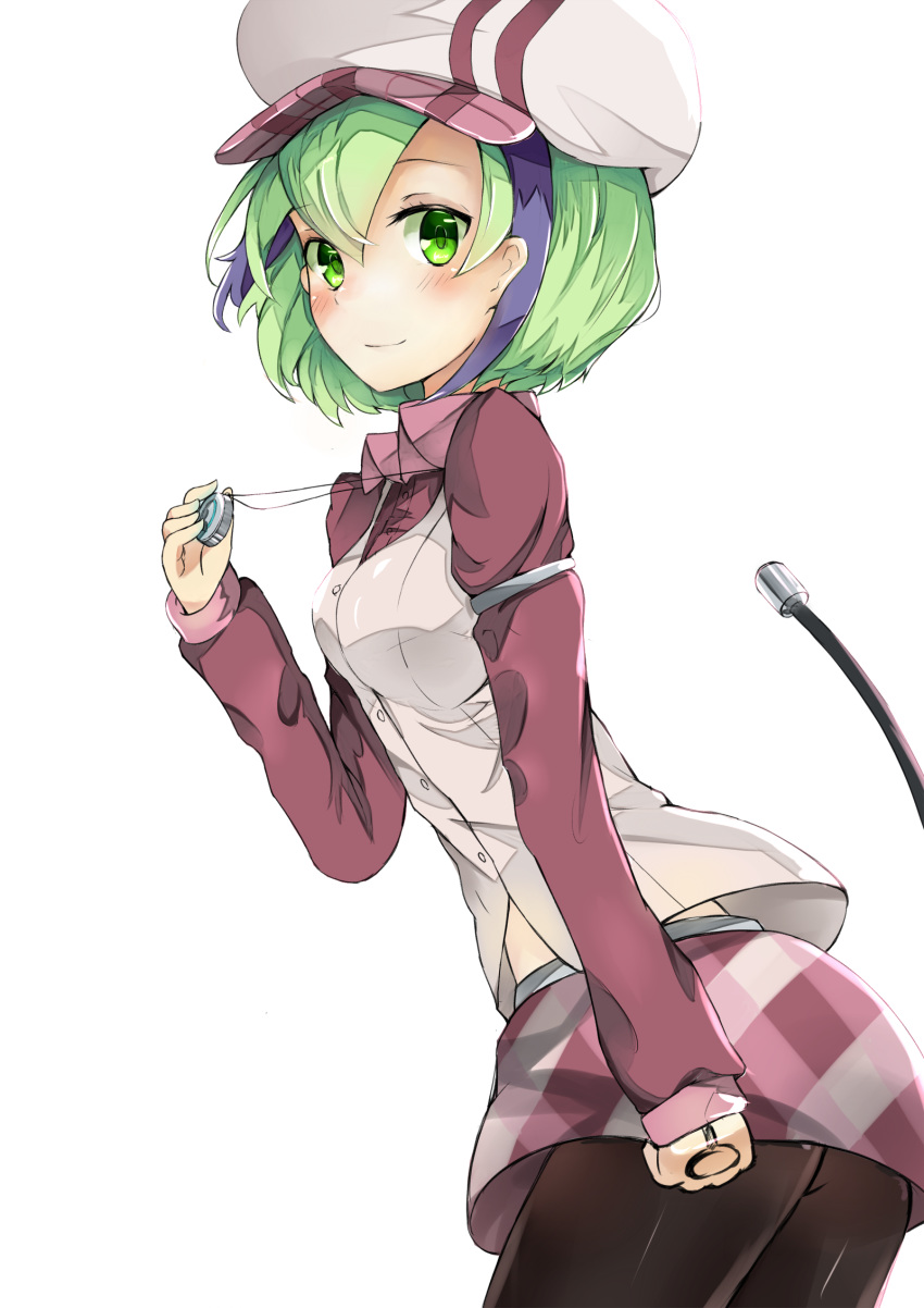 android arm_at_side blush bob_cut breasts cable cable_tail closed_mouth commentary_request dimension_w female from_side green_eyes green_hair hair_between_eyes hand_up highres holding long_sleeves looking_at_viewer looking_to_the_side mechanical_tail multicolored_hair nagiha_kuten pantyhose power_symbol short_hair simple_background smile solo streaked_hair tail tail_raised twisted_torso two-tone_hair white_background white_headwear wing_collar yurizaki_mira