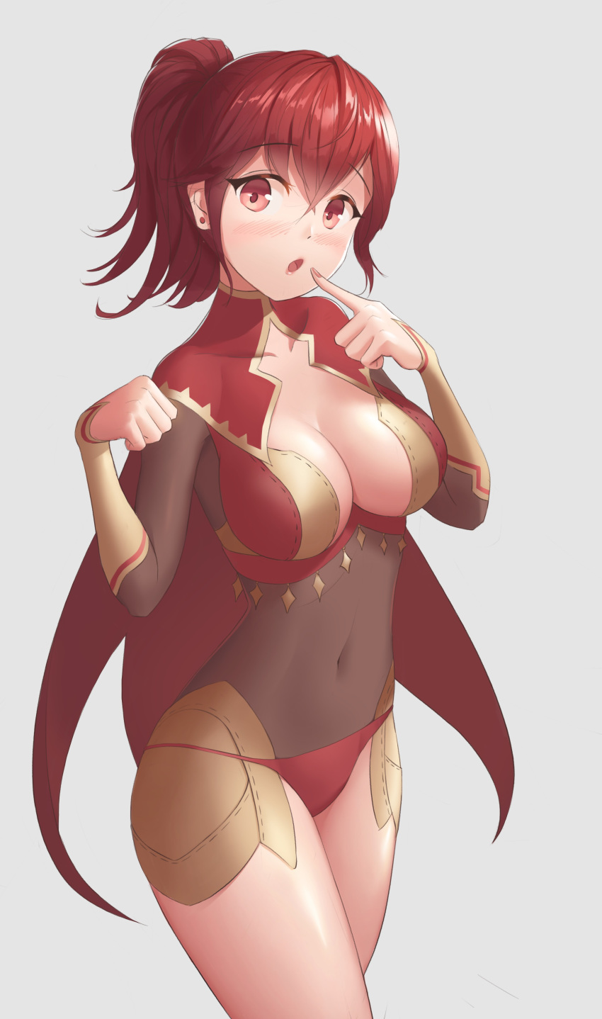 absurdres alternate_costume anna_(fire_emblem) awan0918 blush breasts cape cleavage_cutout clothing_cutout commentary_request covered_navel earrings female finger_to_mouth fire_emblem fire_emblem_fates gloves highres jewelry medium_breasts open_mouth ponytail red_cape red_eyes red_hair sidelocks simple_background solo twitter_username