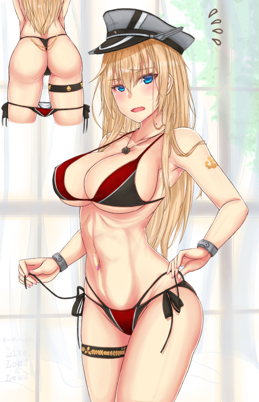 bikini bismarck_(kancolle) blonde_hair blue_eyes breasts chains collarbone commentary_request cowboy_shot female flying_sweatdrops gold_chain grey_headwear hat highres jewelry kantai_collection large_breasts layered_bikini long_hair mickey_dunn mole mole_on_neck navel necklace peaked_cap side-tie_bikini_bottom standing swimsuit thigh_strap thong_bikini traditional_media untying