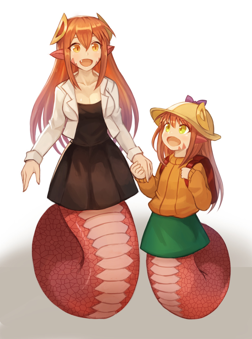 2girls :d absurdres backpack bag black_dress breasts cleavage collarbone commentary commission dress gradient_background green_skirt hair_between_eyes hair_ornament hairclip hat hat_ornament highres holding_hands holding_strap jacket lamia lolicon long_hair long_sleeves looking_at_another miia_(monster_musume) mika_(miiafag) monster_girl monster_musume_no_iru_nichijou mother_and_daughter multiple_girls oerba_yun_fang open_mouth orange_eyes orange_hair orange_shirt original pointy_ears randoseru scales shirt simple_background skirt slit_pupils smile sookmo white_jacket yellow_eyes