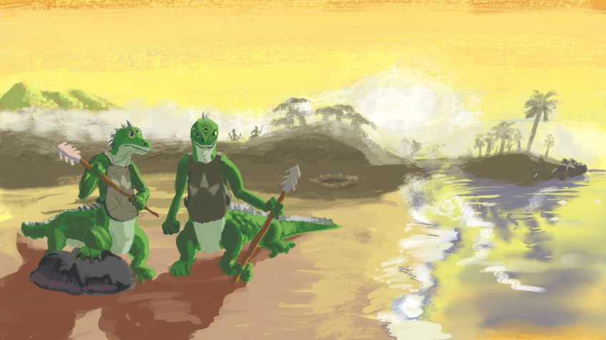 16:9 3_eyes alien anthro beach duo_focus group hexadoodle hi_res melee_weapon multi_eye multifur polearm reptile reptile_taur scalie scalie_taur seaside spear sunset taur tuatara tuatara_taur weapon widescreen