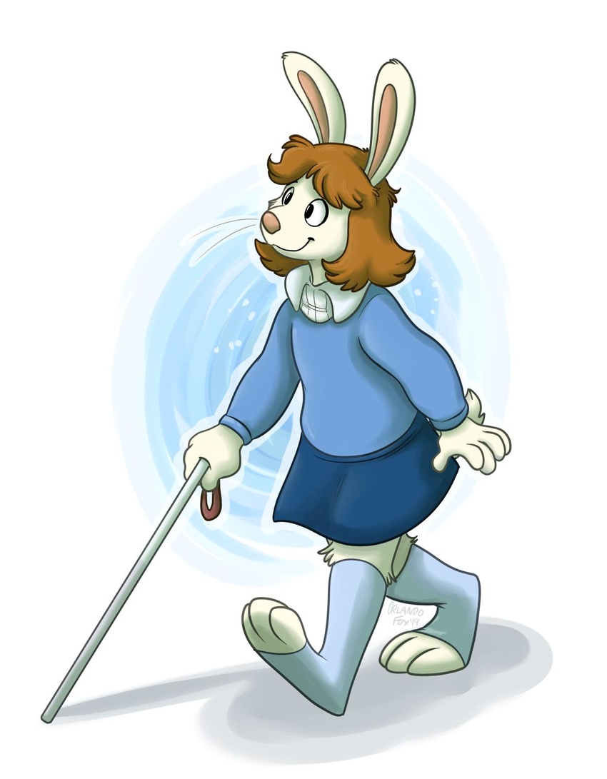 2019 anthro arthur_(series) blind bottomwear brown_hair cane clothed clothing digital_media_(artwork) disability female footwear fully_clothed fur hair hi_res lagomorph leporid looking_up mammal marina_datillo no_irises orlandofox rabbit short_tail signature simple_background skirt socks solo sweater tail toeless_footwear toeless_socks topwear walking walking_stick white_body white_cane white_fur young young_anthro young_female