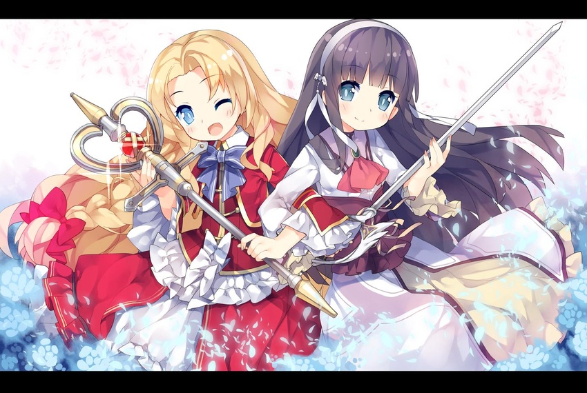 2girls alfin_reise_arnor ascot black_hair blonde_hair blue_bow blue_eyes blue_neckwear blush_stickers bow bowtie braid commentary_request corset dress eiyuu_densetsu elise_schwarzer flower frilled_dress frilled_sleeves frills glint hair_ribbon hairband letterboxed locked_arms long_hair long_sleeves looking_at_viewer multiple_girls one_eye_closed open_mouth parted_bangs petals rapier red_ascot red_bow red_dress ribbon saru sen_no_kiseki side-by-side smile staff straight_hair sword tress_ribbon weapon