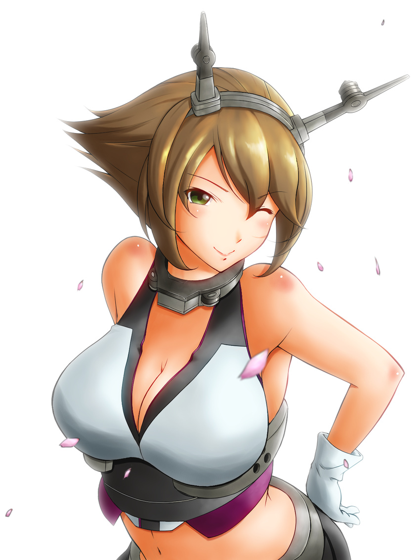 bare_arms black_skirt breasts brown_hair chishio_(onoderayui) cleavage collar commentary_request female flipped_hair gloves green_eyes hand_on_own_hip headgear highres kantai_collection large_breasts looking_at_viewer metal_belt midriff mutsu_(kancolle) navel one_eye_closed petals short_hair simple_background skirt solo upper_body white_background white_gloves