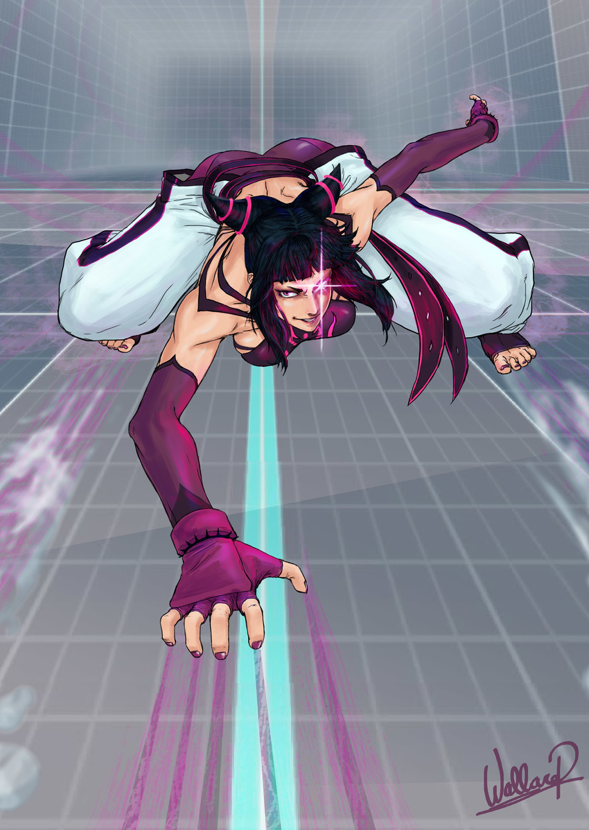 all_fours ass baggy_pants black_hair bracelet breasts butt_crack commentary_request commission detached_sleeves feet female fingerless_gloves full_body gloves glowing glowing_eye hair_horns halterneck highres jewelry juri_han large_breasts looking_at_viewer nail_polish pants photoshop_(medium) signature smirk solo speed_lines spiked_bracelet spikes street_fighter street_fighter_iv_(series) toeless_legwear toenail_polish toenails toes training_room training_stage wallace_pires