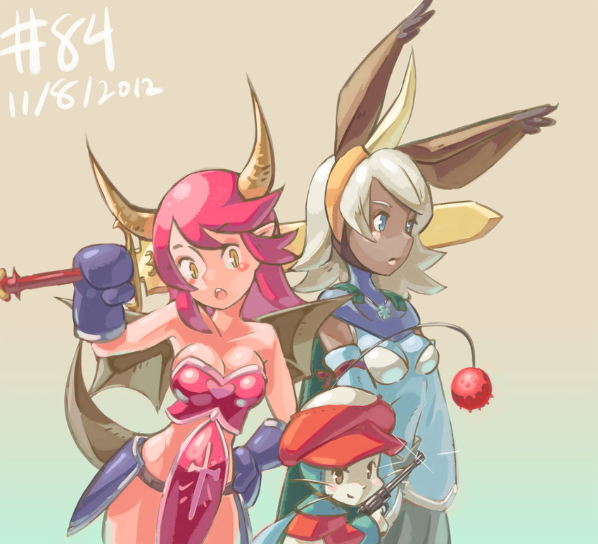 2girls animal_ears armor bare_shoulders blue_eyes blush_stickers breasts bunny_ears cleavage dark_skin dated detached_sleeves dragon_girl dragon_horns dragon_tail faulds final_fantasy final_fantasy_tactics_a2 final_fantasy_tactics_advance gloves gria gun hand_on_hip handgun hat horn horns huge_weapon junkpuyo medium_breasts monster_girl moogle multiple_girls over_shoulder pink_hair pistol silver_hair sword sword_over_shoulder tail viera weapon weapon_over_shoulder yellow_eyes