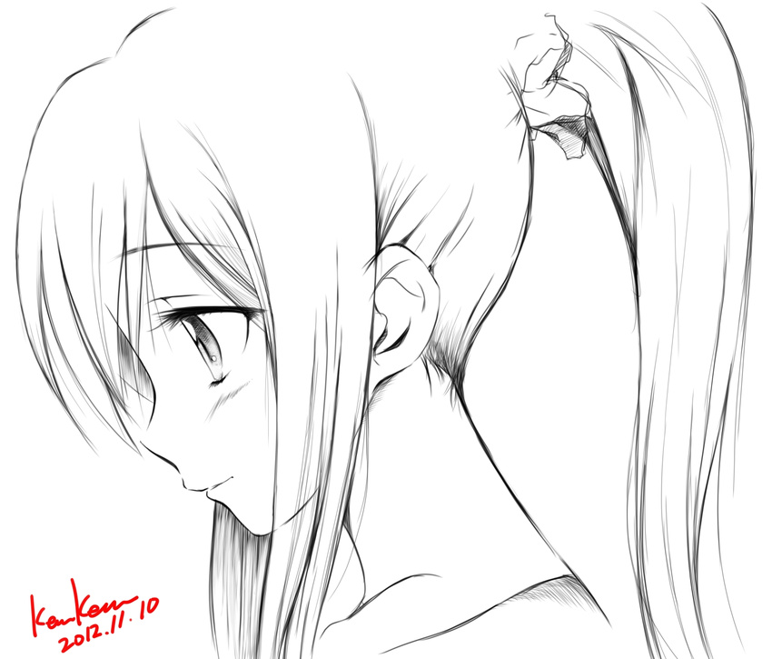 blush commentary_request dated female ginga_e_kickoff!! highres kem_kem long_hair monochrome ponytail profile signature simple_background smile solo takatoo_erika upper_body white_background