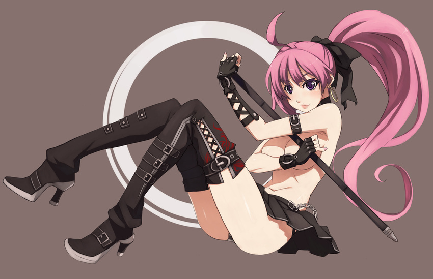 boots breasts caee_penguin choker cleavage commentary_request covering_breasts covering_privates female fingerless_gloves gloves hair_ribbon high_heels highres large_breasts legs long_hair original photoshop_(medium) pink_hair pleated_skirt ponytail purple_eyes ribbon scabbard sheath shoes skirt smile solo sword thigh_boots thigh_strap thighhighs topless weapon