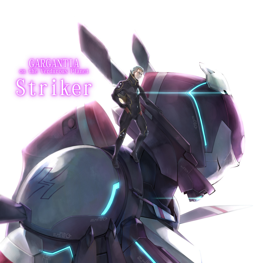 1boy character_name commentary_request copyright_name glowing highres kugel_(suisei_no_gargantia) mecha neon_trim red_eyes rkp robot standing_on_shoulder striker_(suisei_no_gargantia) suisei_no_gargantia white_background white_hair